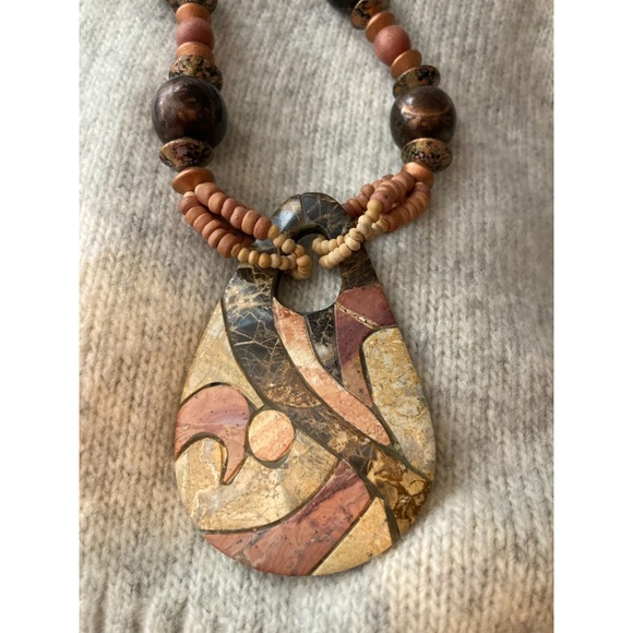 Boho Artisan Necklace Multi Strand Mauve Beads Large Teardrop Pendant Earth Tone - Picture 6 of 13